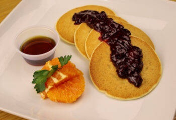 CHOCOLATE CHIP PANCAKES W MAPLE SYRUP